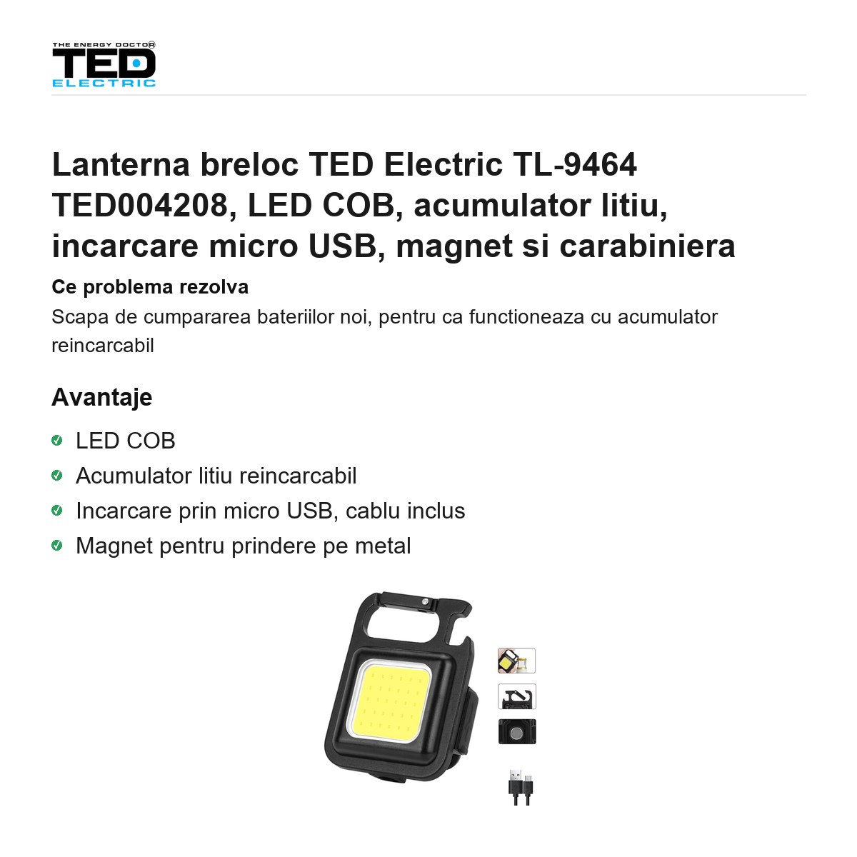 Lanterna breloc TED Electric TL-9464 TED004208, LED COB, acumulator litiu, incarcare micro USB, magnet si carabiniera [1]