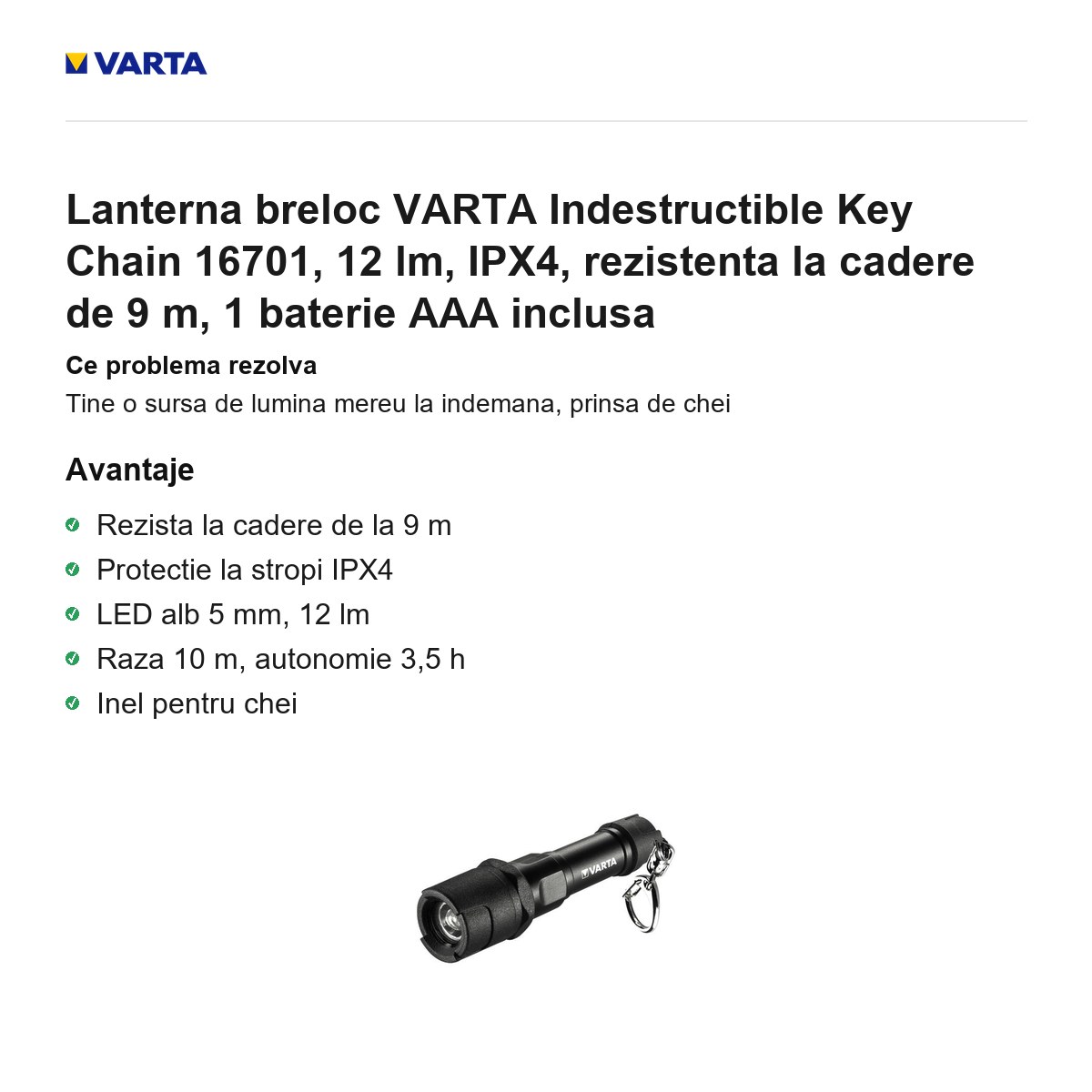 Lanterna breloc VARTA Indestructible Key Chain 16701, 12 lm, IPX4, rezistenta la cadere de 9 m, 1 baterie AAA inclusa [1]