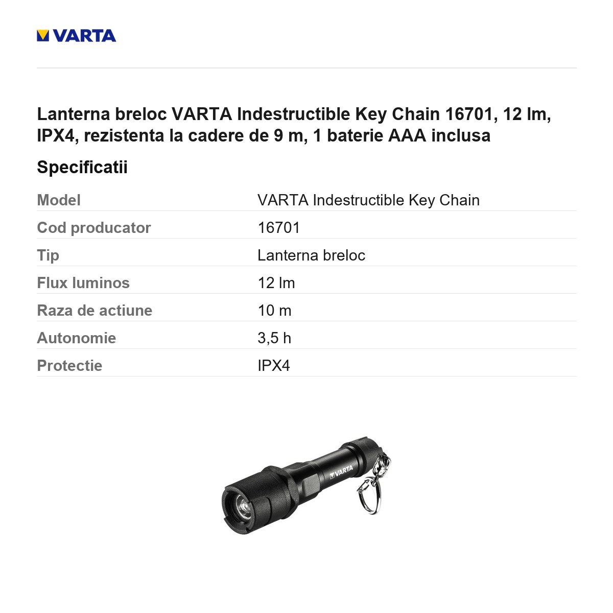 Lanterna breloc VARTA Indestructible Key Chain 16701, 12 lm, IPX4, rezistenta la cadere de 9 m, 1 baterie AAA inclusa [2]