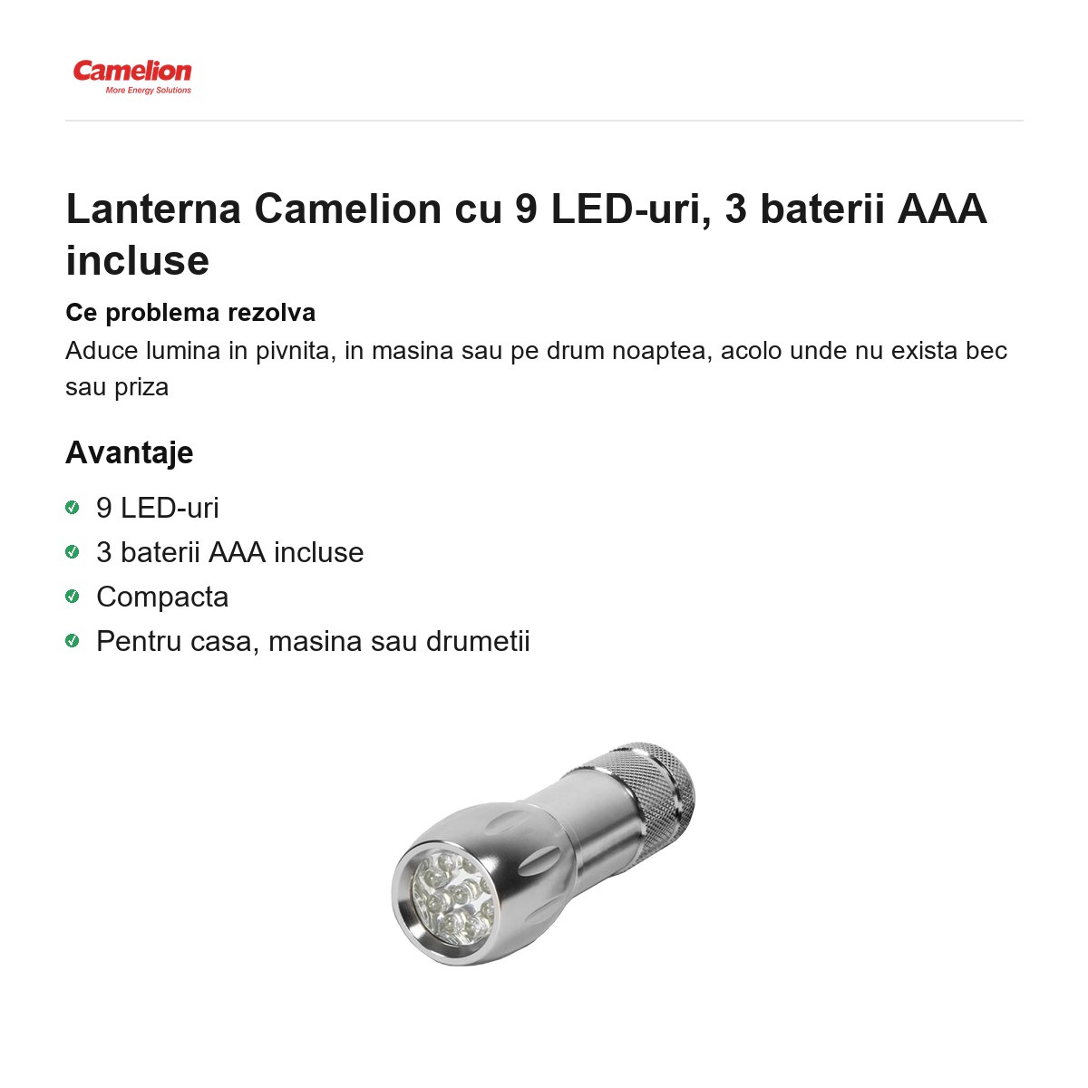 Lanterna Camelion cu 9 LED-uri, 3 baterii AAA incluse [1]