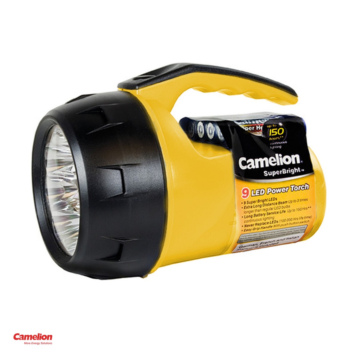 Lanterne - Proiector de mana Camelion FL-9LED-4R6B, 9 LED-uri, 18 lm, reflector trifoi, carcasa galbena, 4 baterii AA incluse
