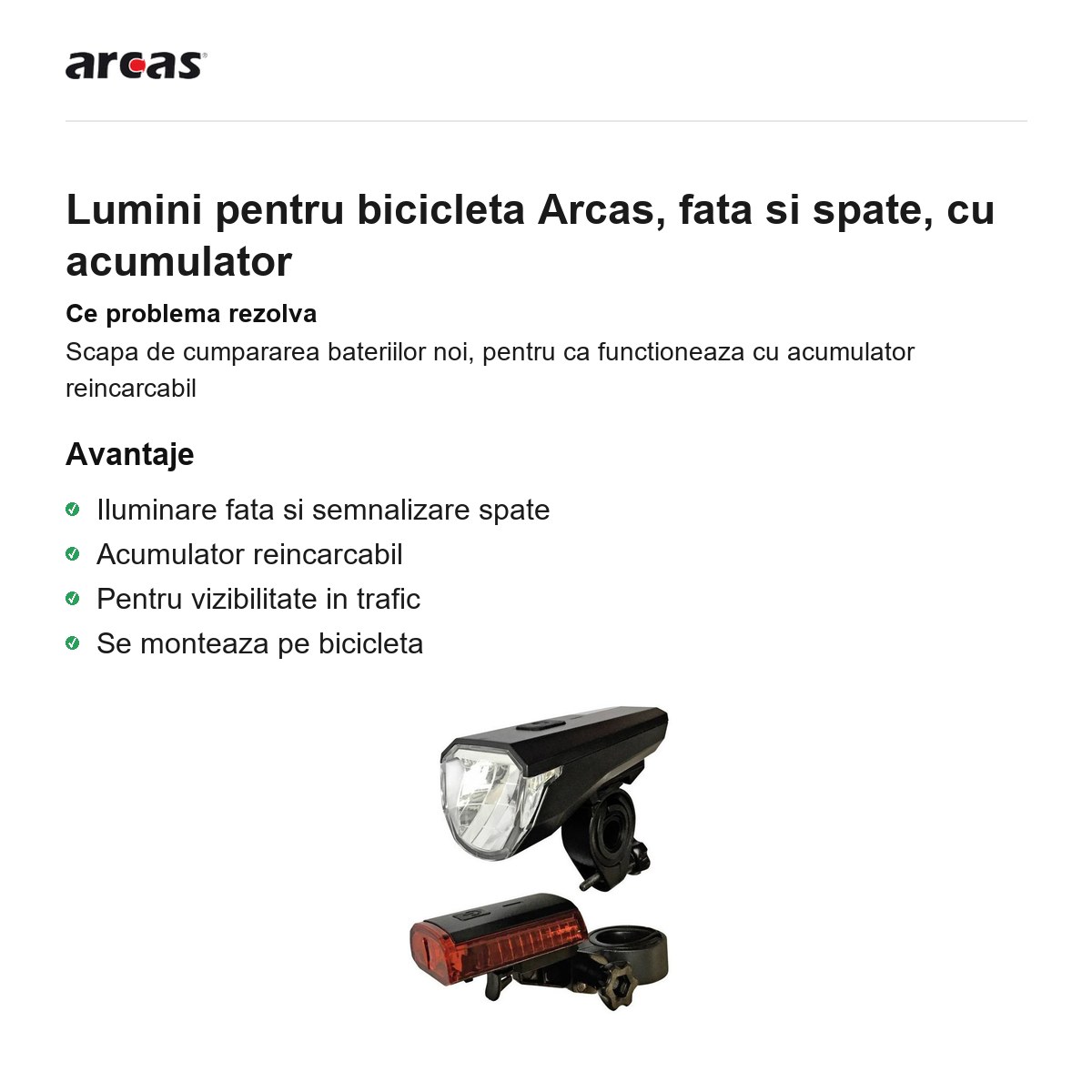 Lumini pentru bicicleta Arcas, fata si spate, cu acumulator [1]