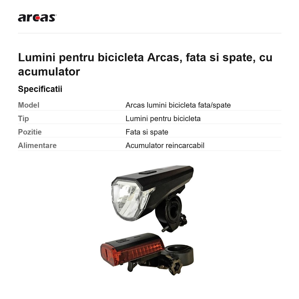 Lumini pentru bicicleta Arcas, fata si spate, cu acumulator [2]