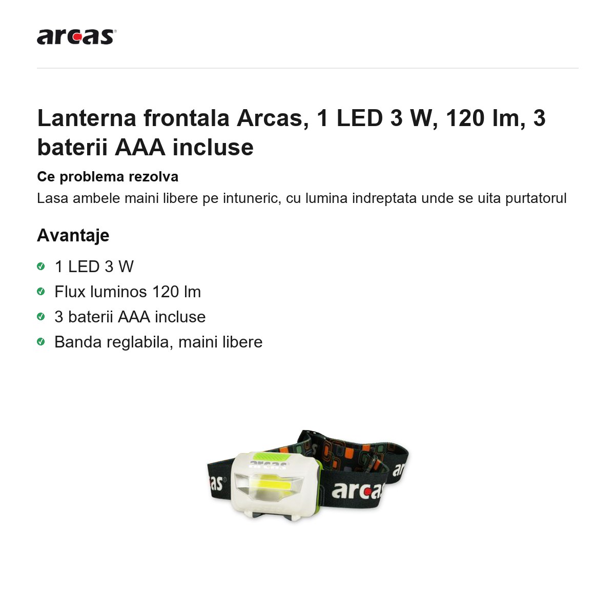 Lanterna frontala Arcas, 1 LED 3 W, 120 lm, 3 baterii AAA incluse [1]