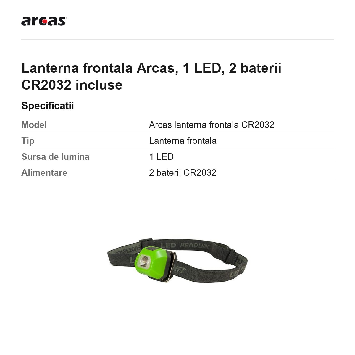 Lanterna frontala Arcas, 1 LED, 2 baterii CR2032 incluse [2]