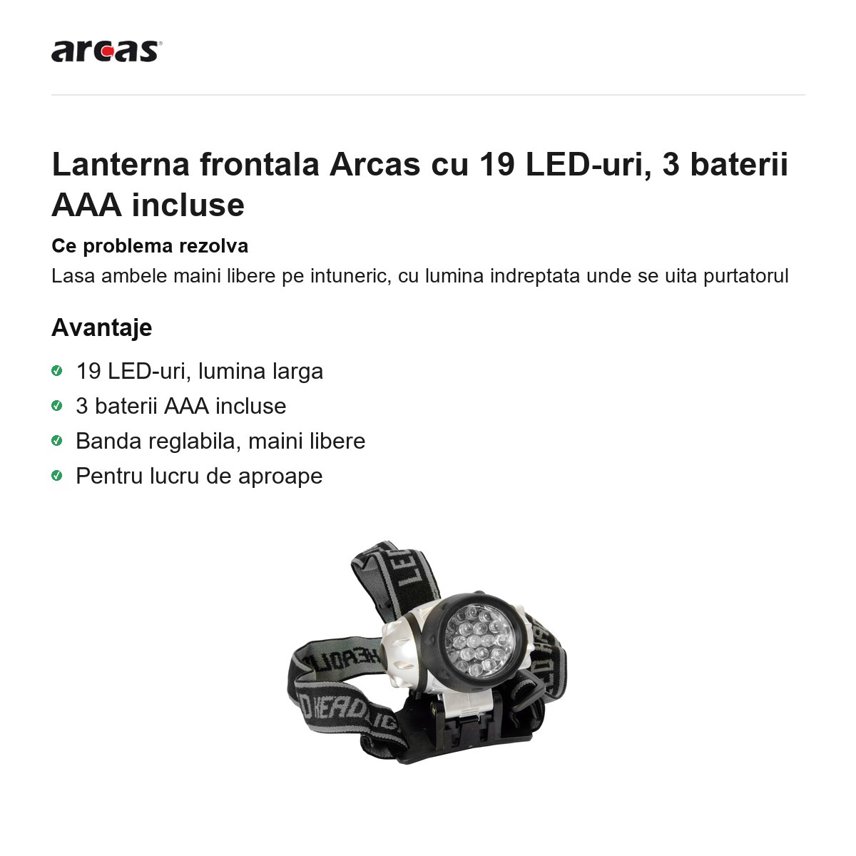 Lanterna frontala Arcas cu 19 LED-uri, 3 baterii AAA incluse [1]