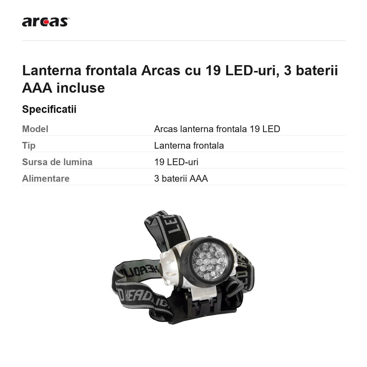 Lanterna frontala Arcas cu 19 LED-uri, 3 baterii AAA incluse [2]