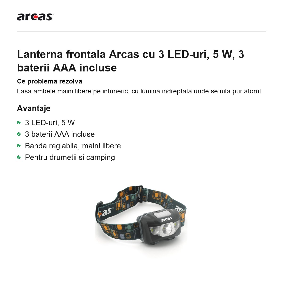 Lanterna frontala Arcas cu 3 LED-uri, 5 W, 3 baterii AAA incluse [1]