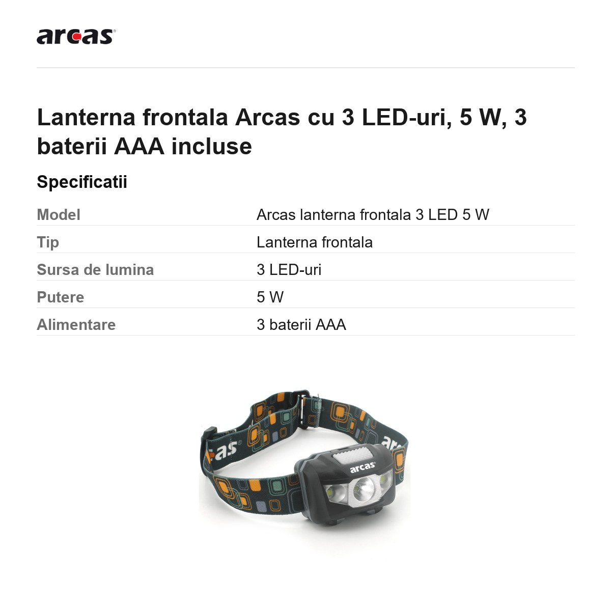 Lanterna frontala Arcas cu 3 LED-uri, 5 W, 3 baterii AAA incluse [2]