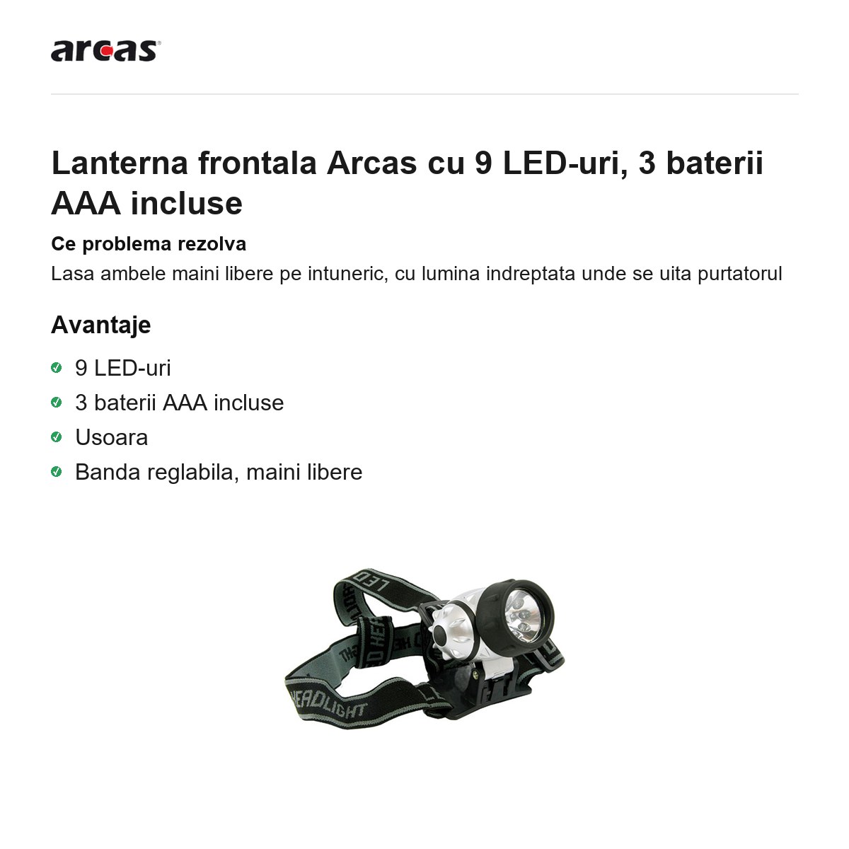 Lanterna frontala Arcas cu 9 LED-uri, 3 baterii AAA incluse [1]