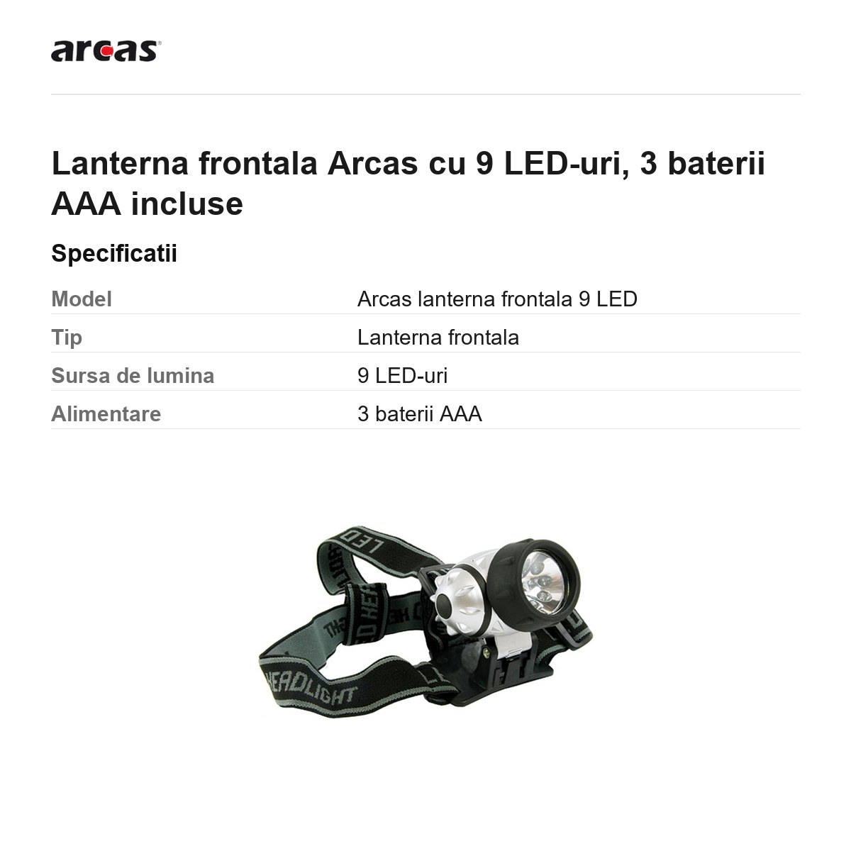 Lanterna frontala Arcas cu 9 LED-uri, 3 baterii AAA incluse [2]