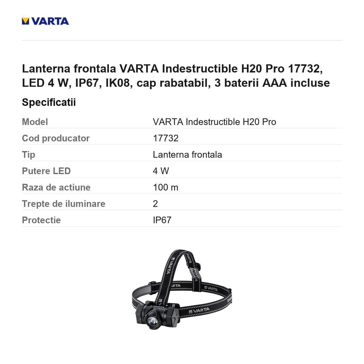 Lanterna frontala VARTA Indestructible H20 Pro 17732, LED 4 W, IP67, IK08, cap rabatabil, 3 baterii AAA incluse [2]