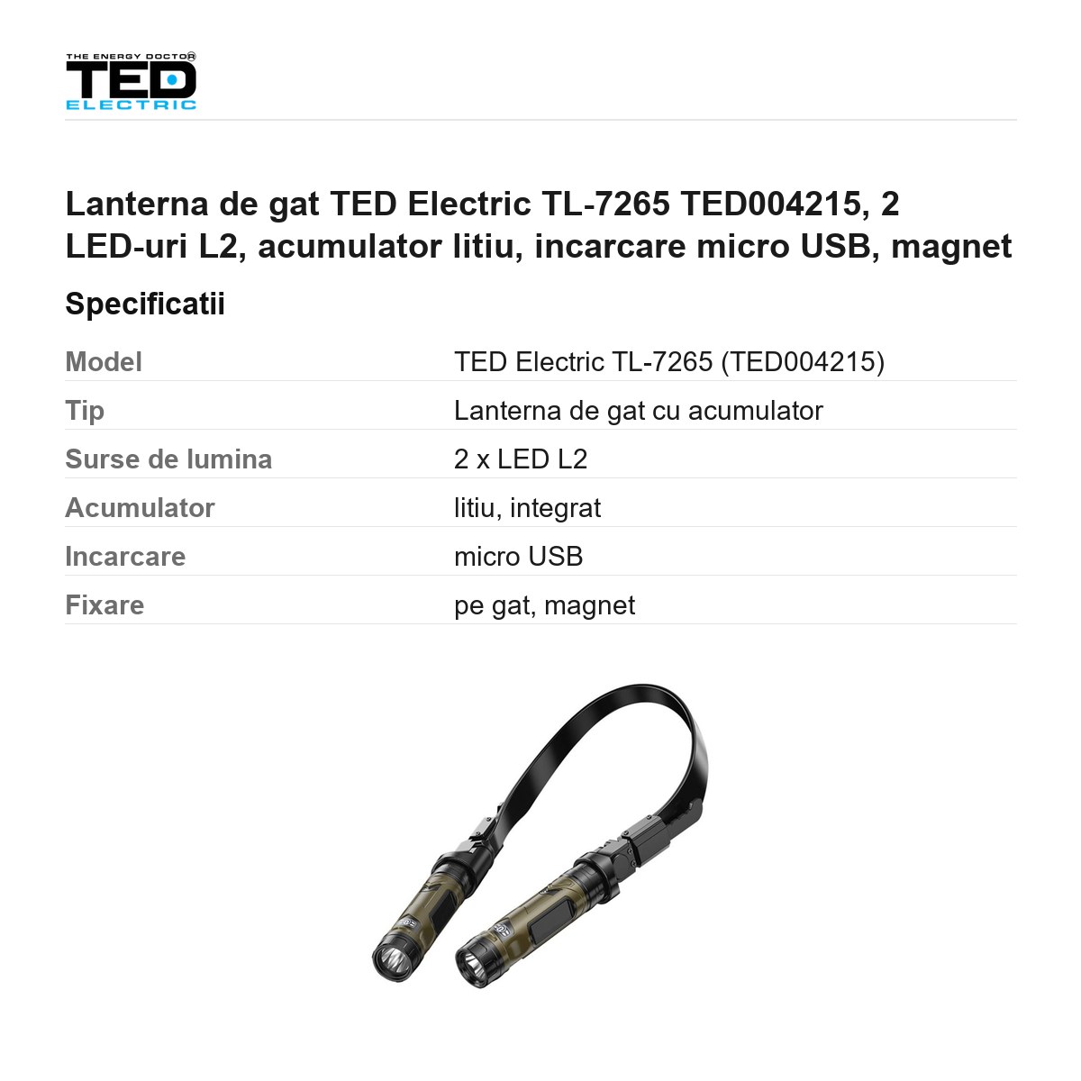 Lanterna de gat TED Electric TL-7265 TED004215, 2 LED-uri L2, acumulator litiu, incarcare micro USB, magnet [2]