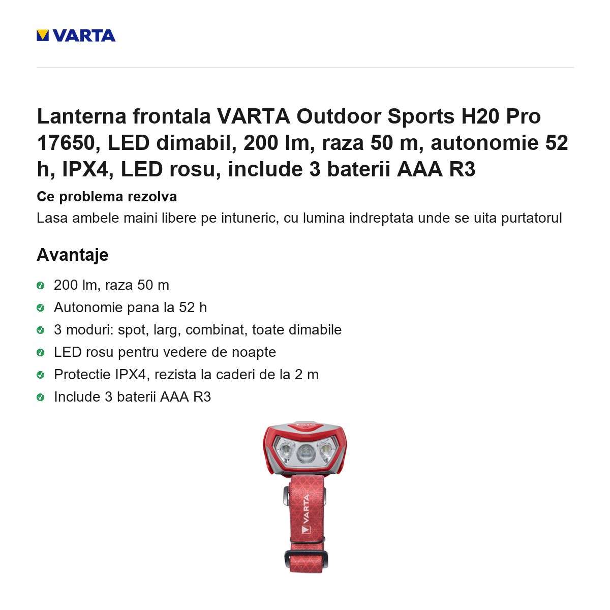 Lanterna frontala VARTA Outdoor Sports H20 Pro 17650, LED dimabil, 200 lm, raza 50 m, autonomie 52 h, IPX4, LED rosu, include 3 baterii AAA R3 [1]