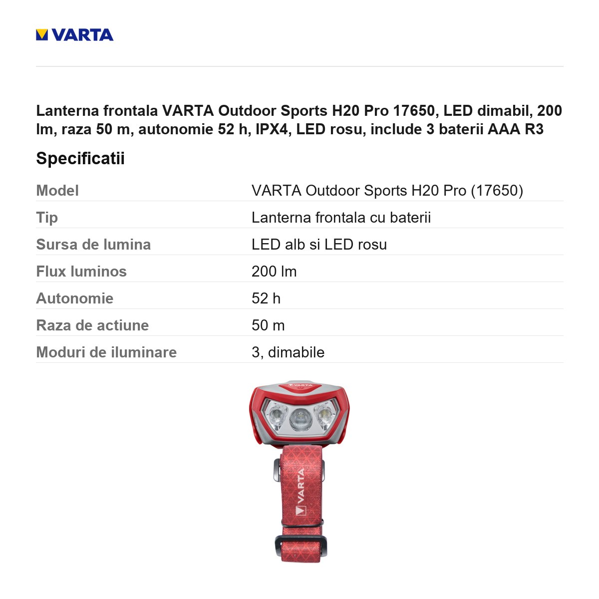 Lanterna frontala VARTA Outdoor Sports H20 Pro 17650, LED dimabil, 200 lm, raza 50 m, autonomie 52 h, IPX4, LED rosu, include 3 baterii AAA R3 [2]