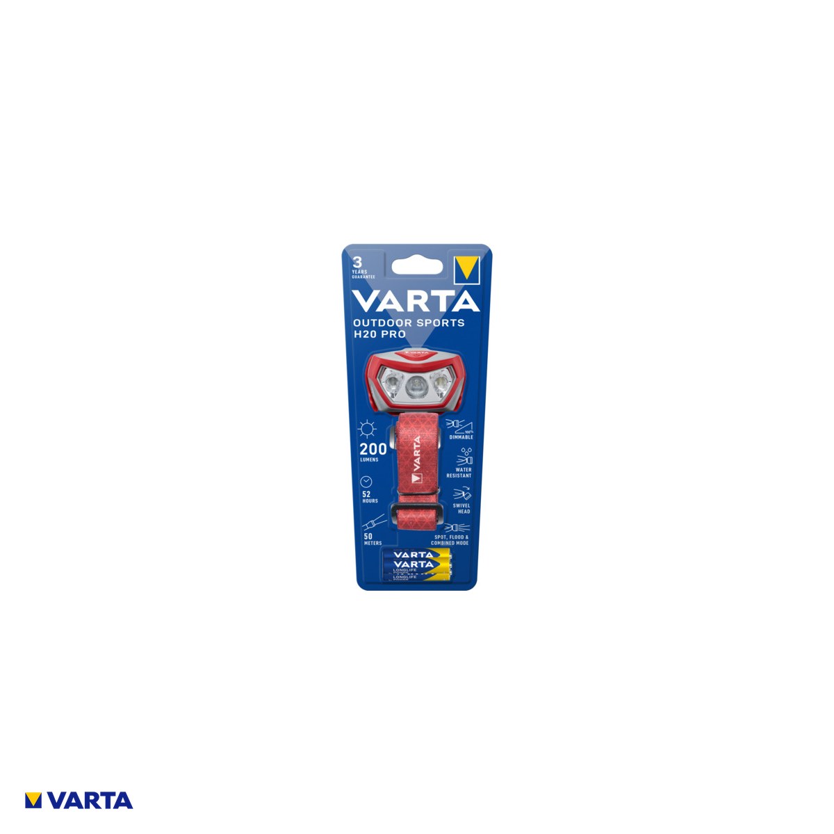 Lanterna frontala VARTA Outdoor Sports H20 Pro 17650, LED dimabil, 200 lm, raza 50 m, autonomie 52 h, IPX4, LED rosu, include 3 baterii AAA R3 [3]