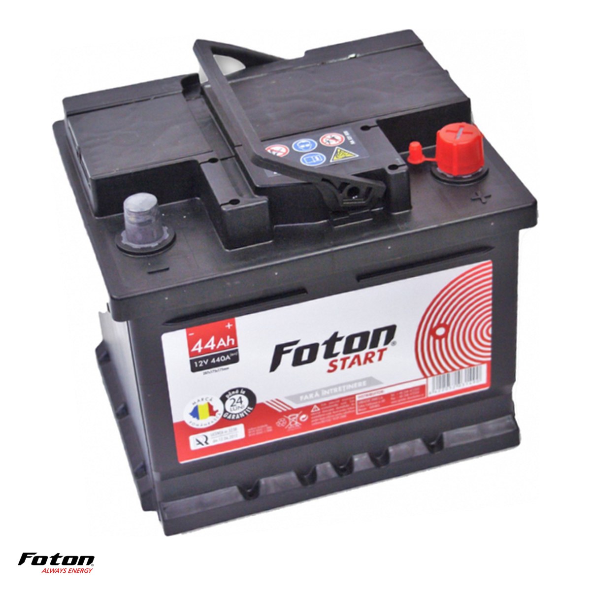 Baterii auto si moto - Baterie auto Foton Start, 12 V, 44 Ah, curent de pornire 440 A, 207 x 175 x 175 mm, borna plus pe dreapta