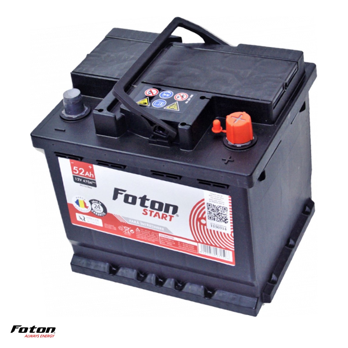 Baterii auto si moto - Baterie auto Foton Start, 12 V, 52 Ah, curent de pornire 470 A, 207 x 175 x 190 mm, borna plus pe dreapta