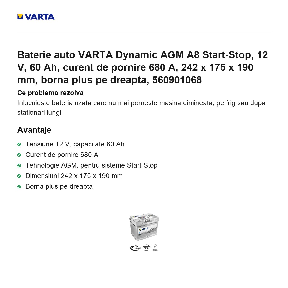 Baterie auto VARTA Dynamic AGM A8 Start-Stop, 12 V, 60 Ah, curent de pornire 680 A, 242 x 175 x 190 mm, borna plus pe dreapta, 560901068 [1]