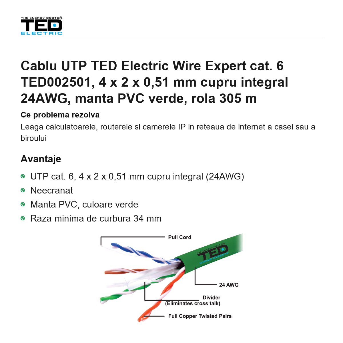 Rola 305m cablu UTP TED Electric Wire Expert cat. 6 TED002501, 4 x 2 x 0,51 mm cupru integral 24AWG, manta PVC verde [1]