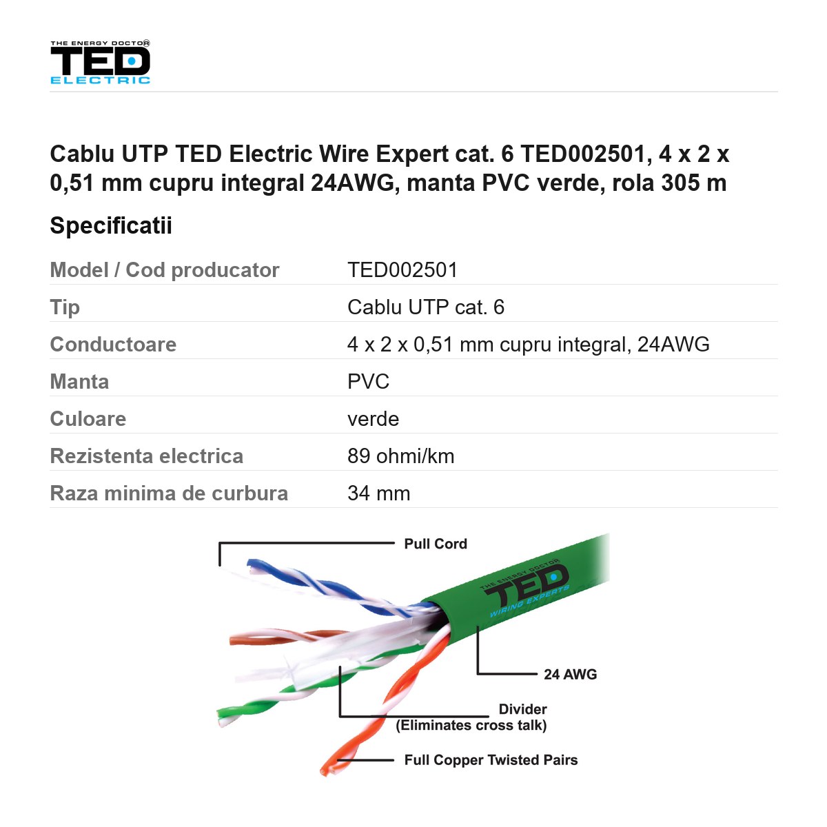 Rola 305m cablu UTP TED Electric Wire Expert cat. 6 TED002501, 4 x 2 x 0,51 mm cupru integral 24AWG, manta PVC verde [2]