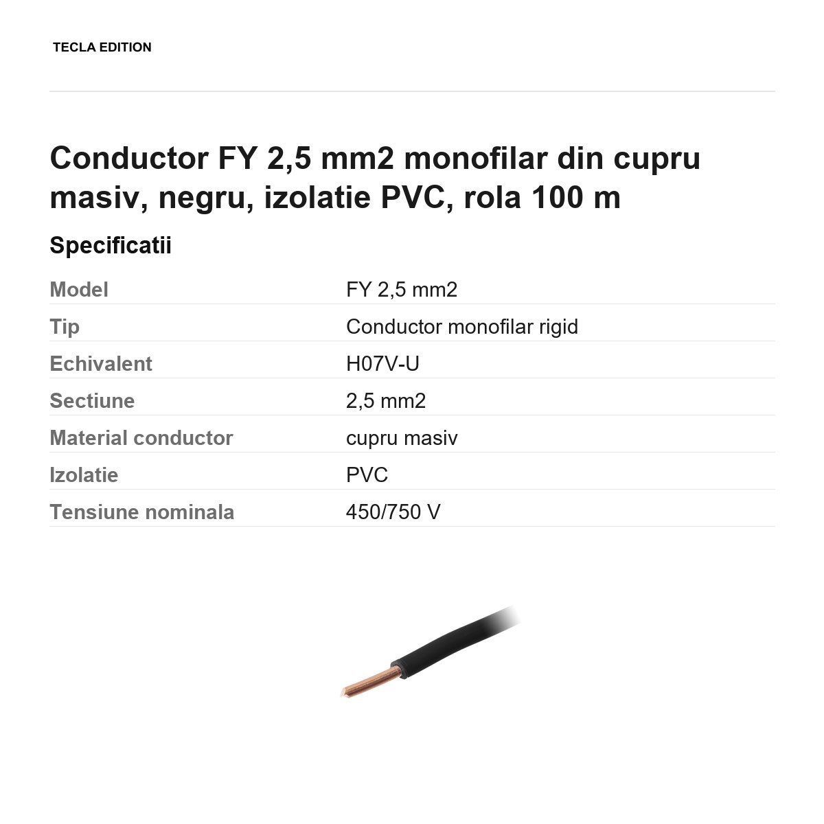Rola 100m cablu conductor FY 2,5 mm2 monofilar din cupru masiv, negru, izolatie PVC [2]