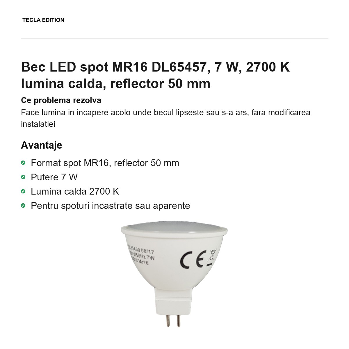 Bec LED spot MR16 DL65457, 7 W, 2700 K lumina calda, reflector 50 mm [1]