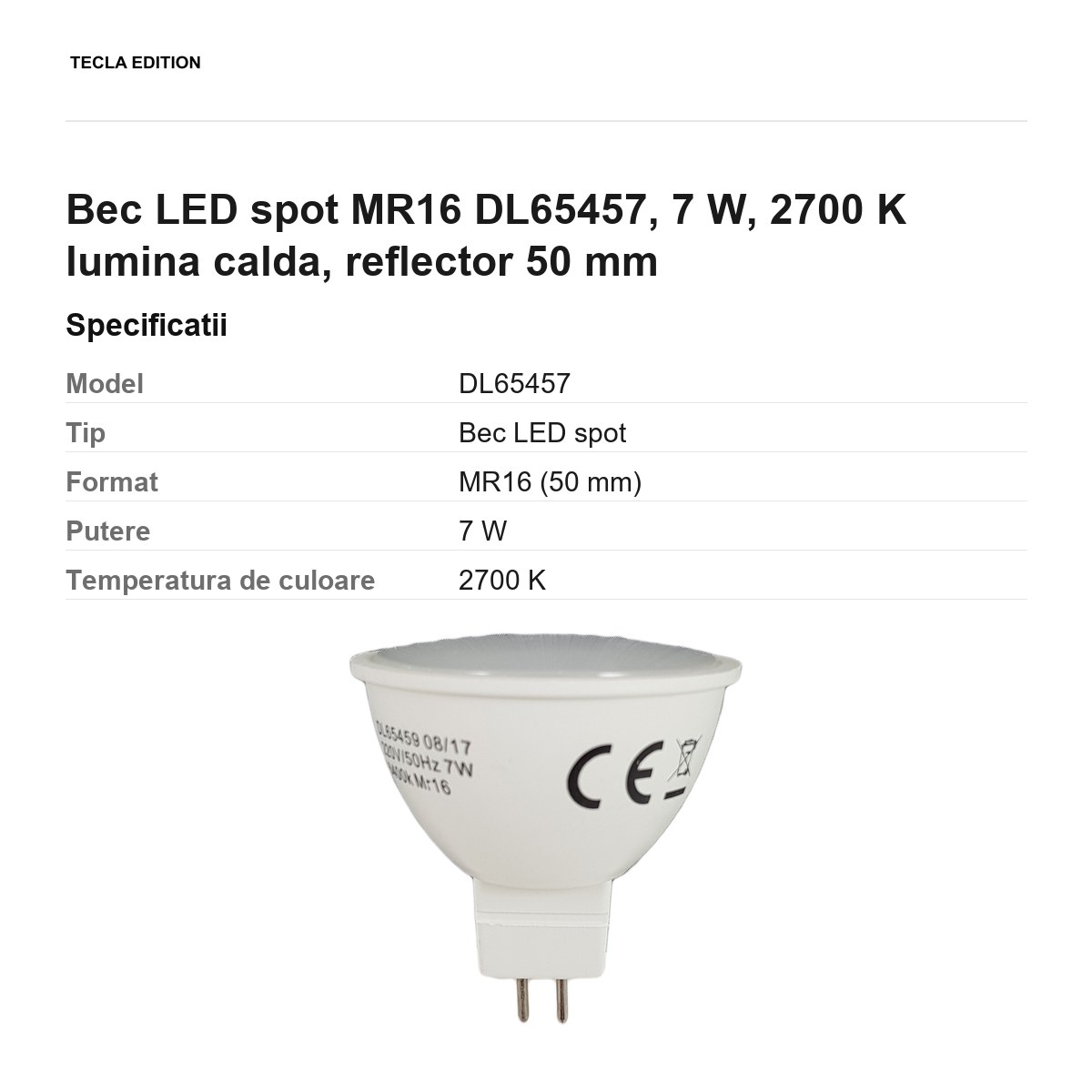 Bec LED spot MR16 DL65457, 7 W, 2700 K lumina calda, reflector 50 mm [2]