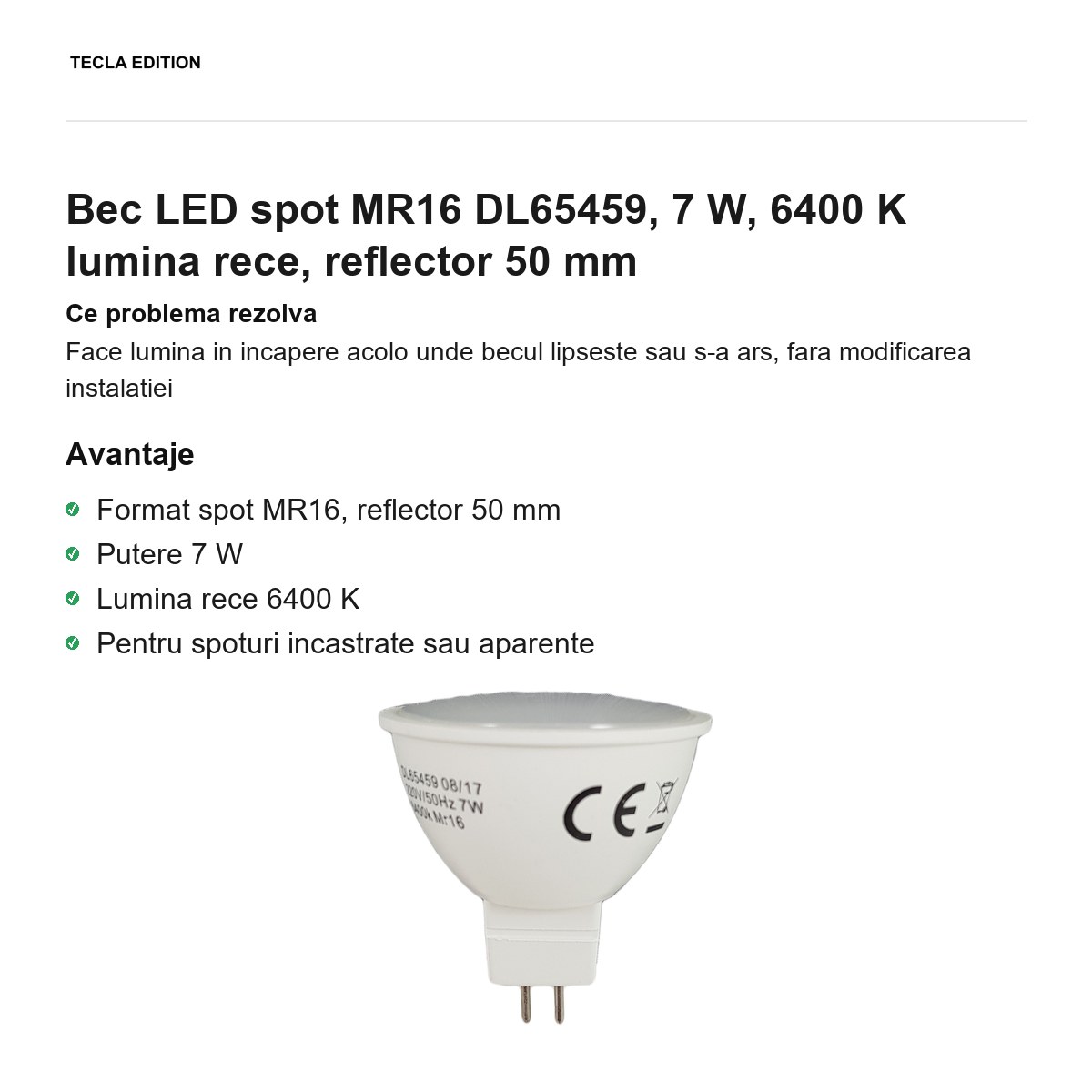 Bec LED spot MR16 DL65459, 7 W, 6400 K lumina rece, reflector 50 mm [1]