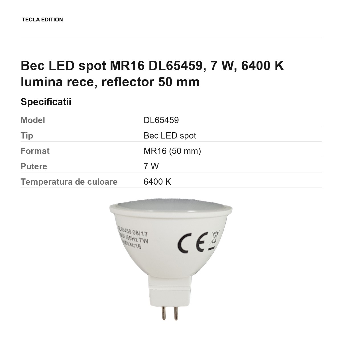 Bec LED spot MR16 DL65459, 7 W, 6400 K lumina rece, reflector 50 mm [2]