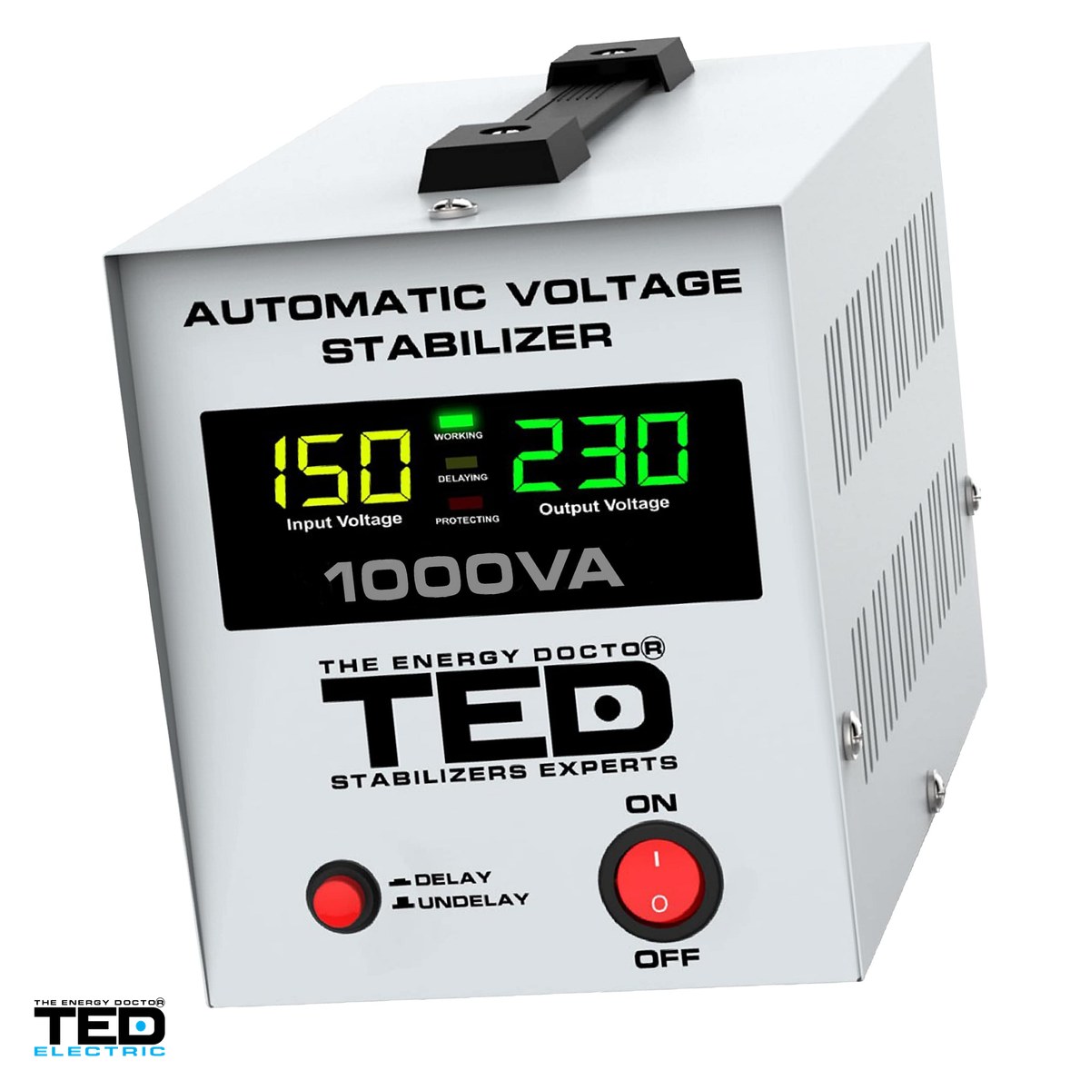 Stabilizatoare de tensiune - Stabilizator de tensiune monofazat AVR cu relee TED Electric TED000040, 1000 VA / 600 W, iesire 230 V, intrare 150-270 V, precizie +/-5%, 2 prize Schuko, afisaj LCD, 120 x 222 x 150 mm