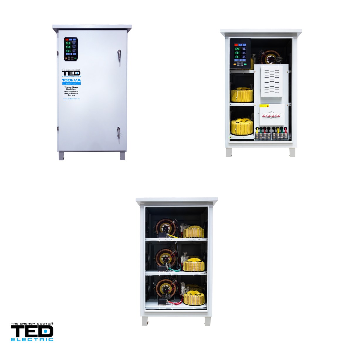 Stabilizator tensiune trifazat cu servomotor TED Electric TNS-100kVA (TED007520), 100 kVA / 80 kW, intrare 242-520 V, precizie +/-3%, bloc terminale, carcasa IP65 de exterior, pe roti [3]