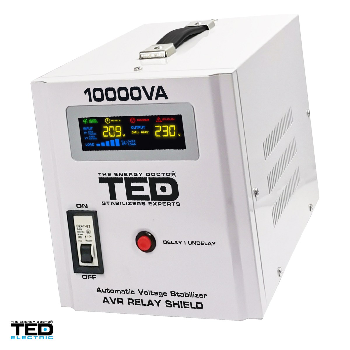 Stabilizatoare de tensiune - Stabilizator tensiune monofazat AVR cu relee seria RT TED Electric TED000071, 10 kVA / 6000 W, intrare 140-260 V, precizie +/-8-10%, 2 prize Schuko + bloc terminale, 333 x 220 x 230 mm
