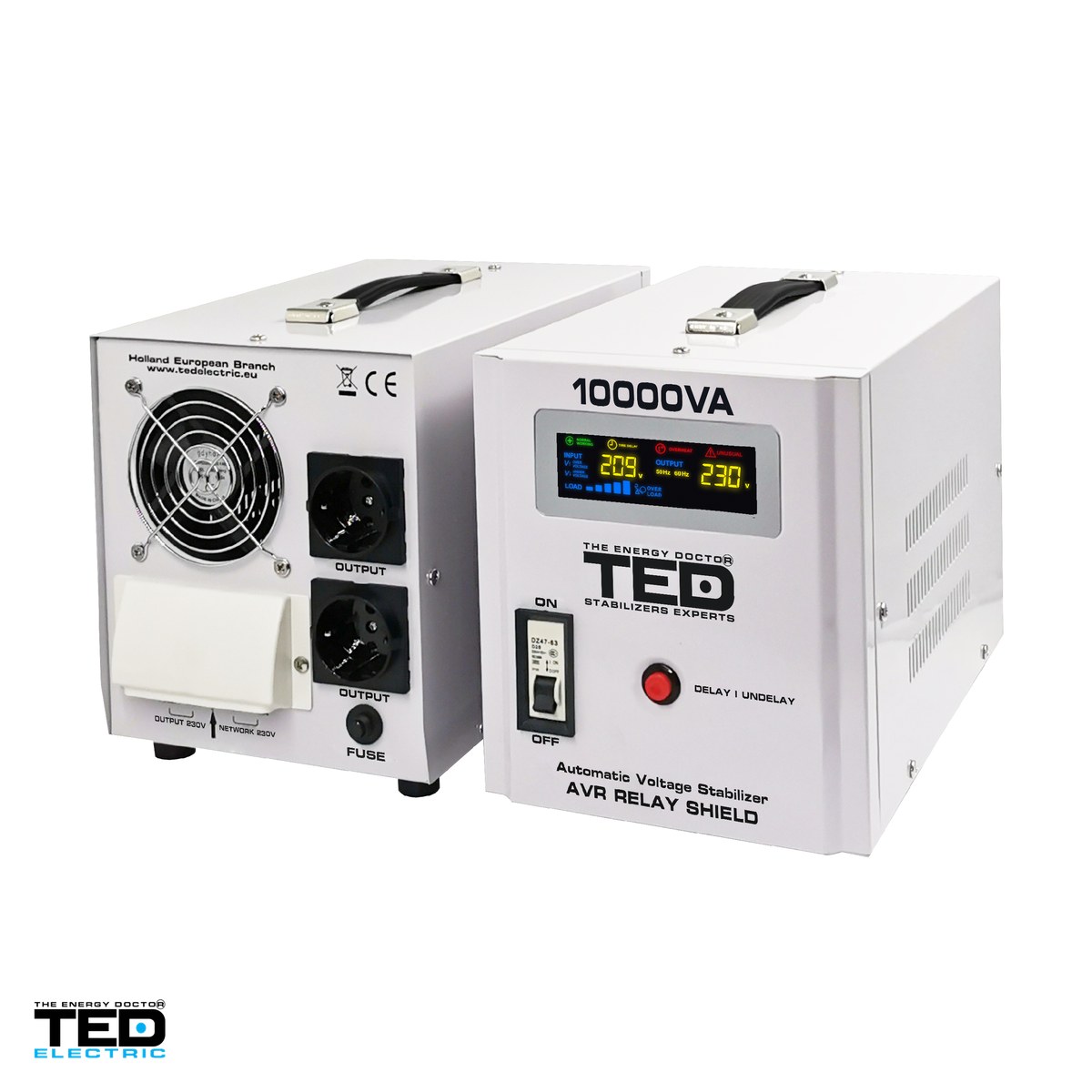 Stabilizator tensiune monofazat AVR cu relee seria RT TED Electric TED000071, 10 kVA / 6000 W, intrare 140-260 V, precizie +/-8-10%, 2 prize Schuko + bloc terminale, 333 x 220 x 230 mm [3]