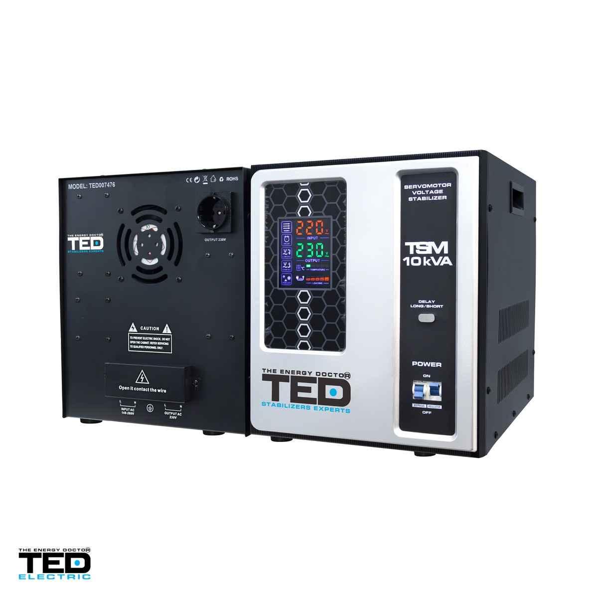 Stabilizator tensiune monofazat cu servomotor TED Electric TSM-10kVA (TED007476), 10 kVA / 8000 W, intrare 140-260 V, precizie +/-3%, 1 priza Schuko + bloc terminale, 287 x 375 x 340 mm [3]