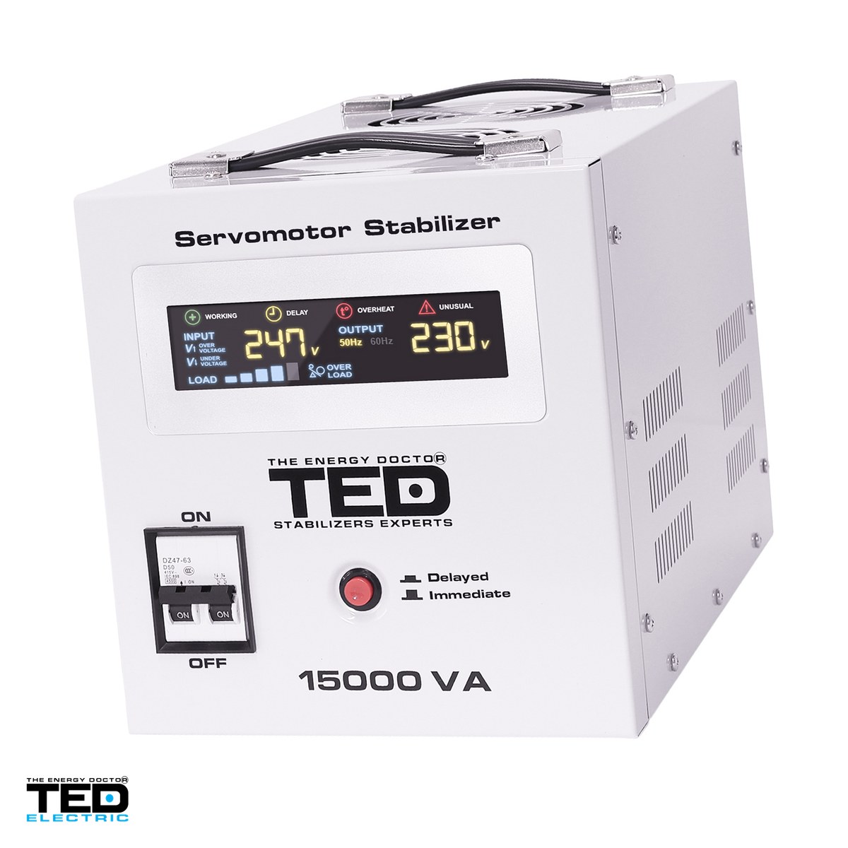 Stabilizatoare de tensiune - Stabilizator de tensiune monofazat cu servomotor TED Electric TED005045, 15 kVA / 12 kW, iesire 230 V, intrare 130-260 V, precizie +/-3%, bloc terminale, afisaj LCD, pe roti, 220 x 333 x 230 mm