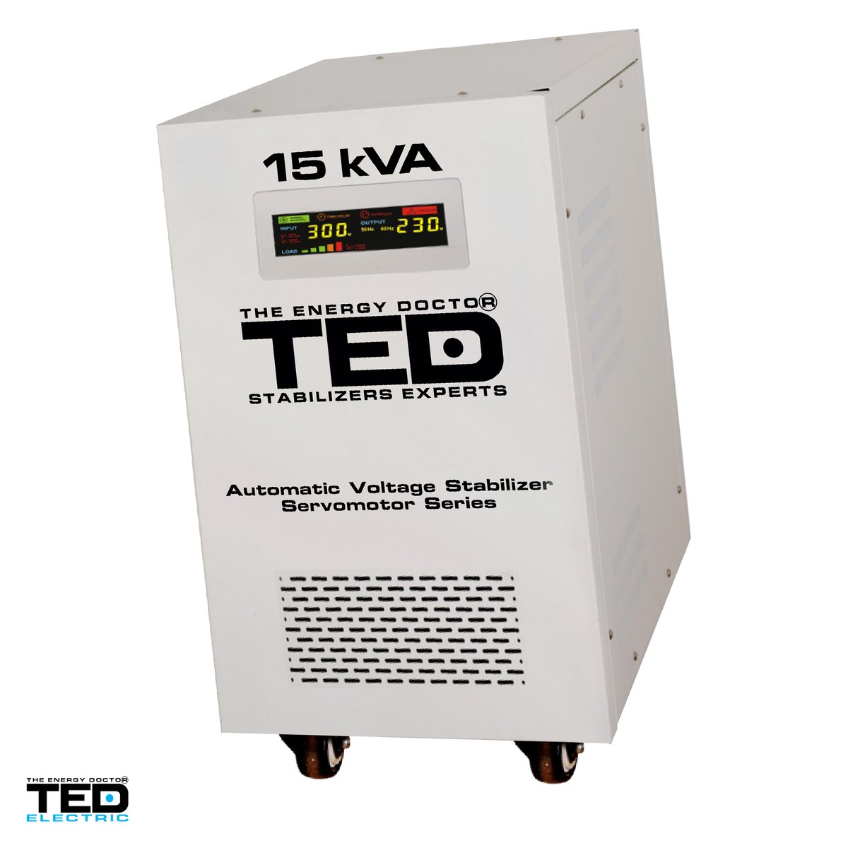 Stabilizatoare de tensiune - Stabilizator tensiune monofazat cu servomotor TED Electric TED 15KSVC (TED000095), 15 kVA / 12 kW, iesire 230 V, intrare 140-300 V, precizie +/-3%, bloc terminale, pe roti, 450 x 300 x 570 mm