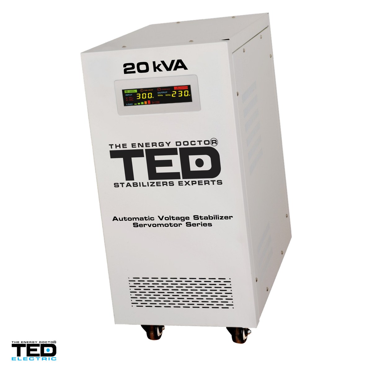 Stabilizatoare de tensiune - Stabilizator tensiune monofazat cu servomotor TED Electric TED 20KSVC (TED001955), 20 kVA / 16 kW, iesire 230 V, intrare 140-300 V, precizie +/-3%, bloc terminale, pe roti, 450 x 300 x 570 mm