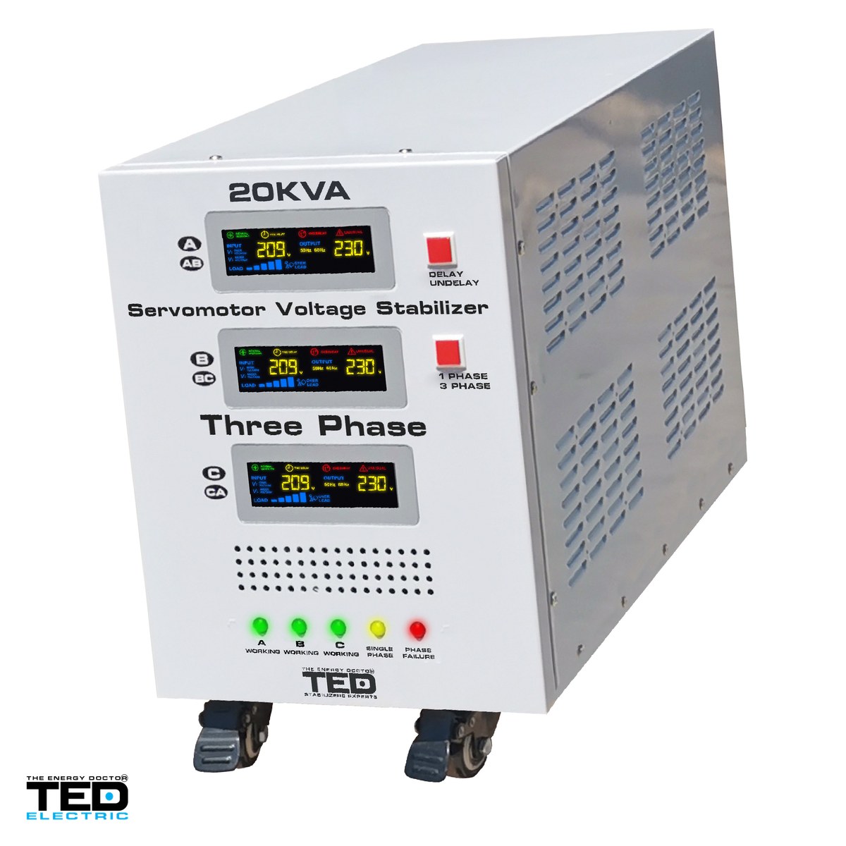Stabilizatoare de tensiune - Stabilizator tensiune trifazat cu servomotor TED Electric TED 20K3SVC (TED000118), 20 kVA / 16 kW, iesire 400 V, intrare 225-450 V, precizie 1-3%, bloc terminale, pe roti, 545 x 230 x 430 mm