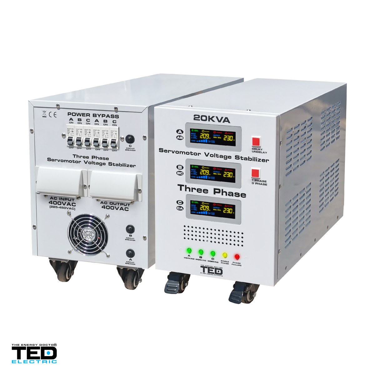 Stabilizator tensiune trifazat cu servomotor TED Electric TED 20K3SVC (TED000118), 20 kVA / 16 kW, iesire 400 V, intrare 225-450 V, precizie 1-3%, bloc terminale, pe roti, 545 x 230 x 430 mm [3]