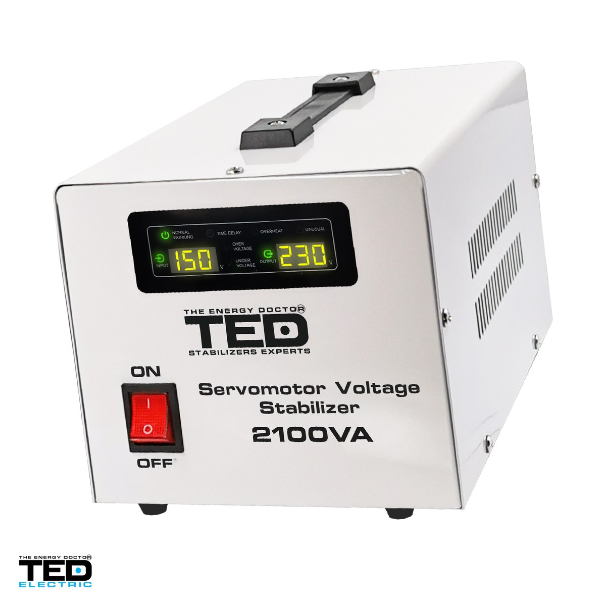 Stabilizatoare de tensiune - Stabilizator de tensiune monofazat cu servomotor TED Electric TED000132, 2100 VA / 1200 W, iesire 230 V, intrare 130-260 V, precizie +/-2%, 2 prize Schuko, afisaj LCD, 255 x 168 x 146 mm