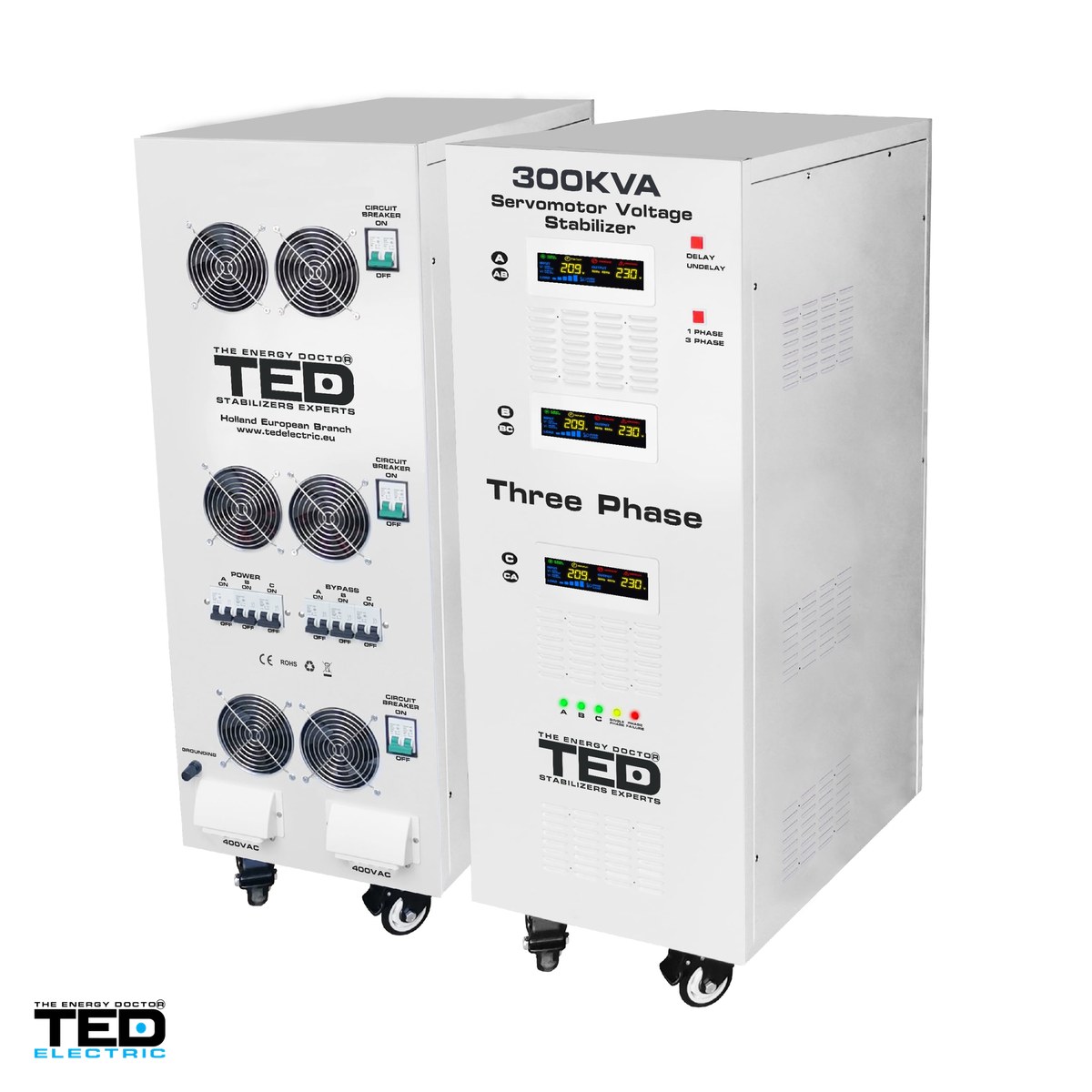 Stabilizator tensiune trifazat cu servomotor TED Electric TED300KSVC (TED007469), 300 kVA / 180 kW, iesire 400 V, intrare 242-520 V, precizie 1-3%, bloc terminale, pe roti, 1540 x 750 x 1150 mm [3]