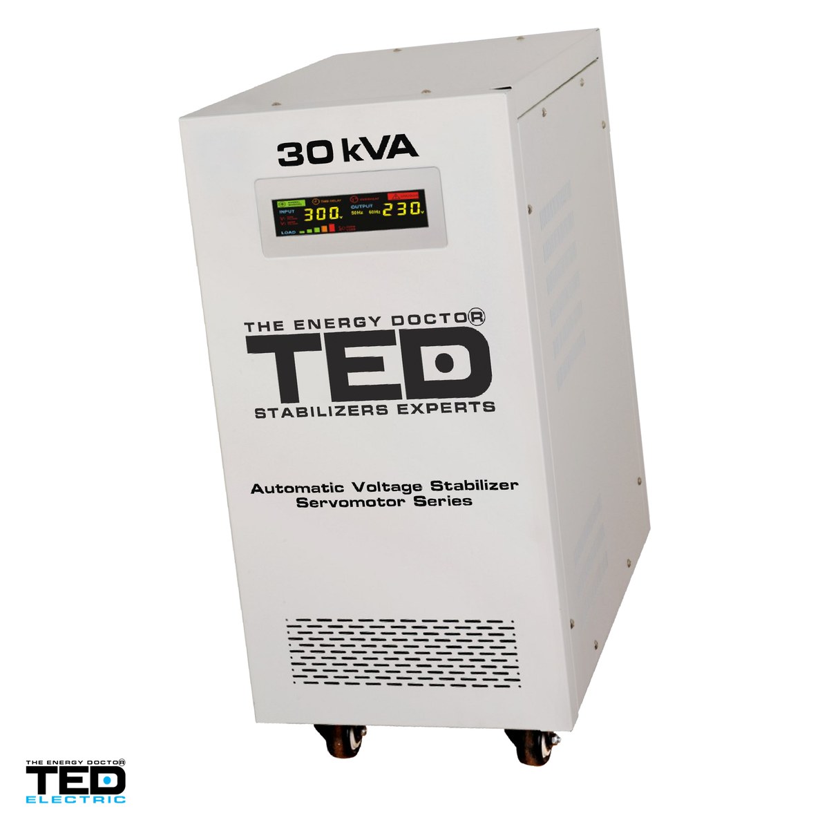 Stabilizatoare de tensiune - Stabilizator tensiune monofazat cu servomotor TED Electric TED 30KSVC (TED001962), 30 kVA / 24 kW, iesire 230 V, intrare 140-300 V, precizie +/-3%, bloc terminale, pe roti, 480 x 300 x 640 mm