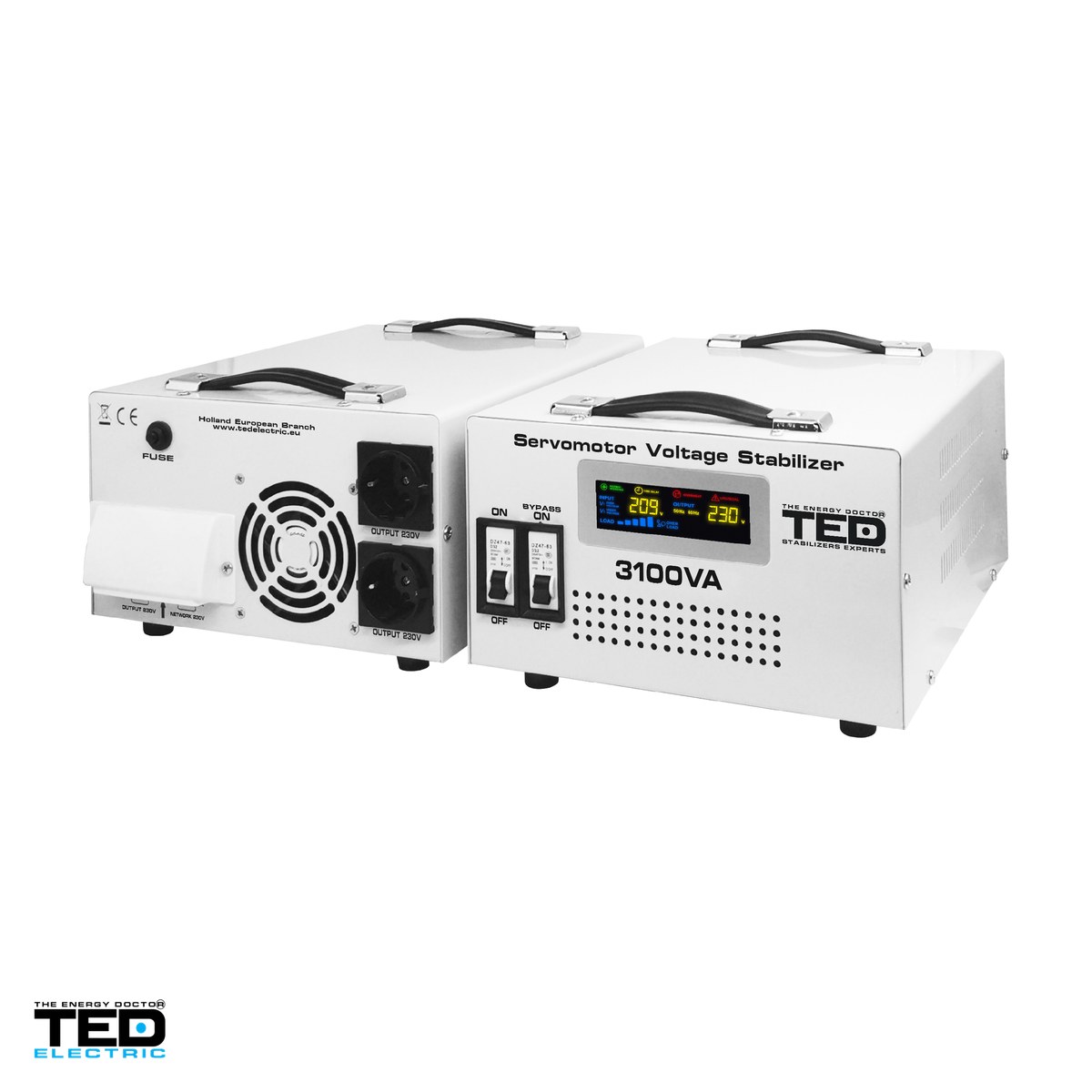 Stabilizator tensiune monofazat cu servomotor TED Electric TED 3.1KSVC (TED000163), 3100 VA / 1800 W, intrare 130-260 V, precizie +/-2%, 2 prize Schuko + bloc terminale, 302 x 260 x 146 mm [3]