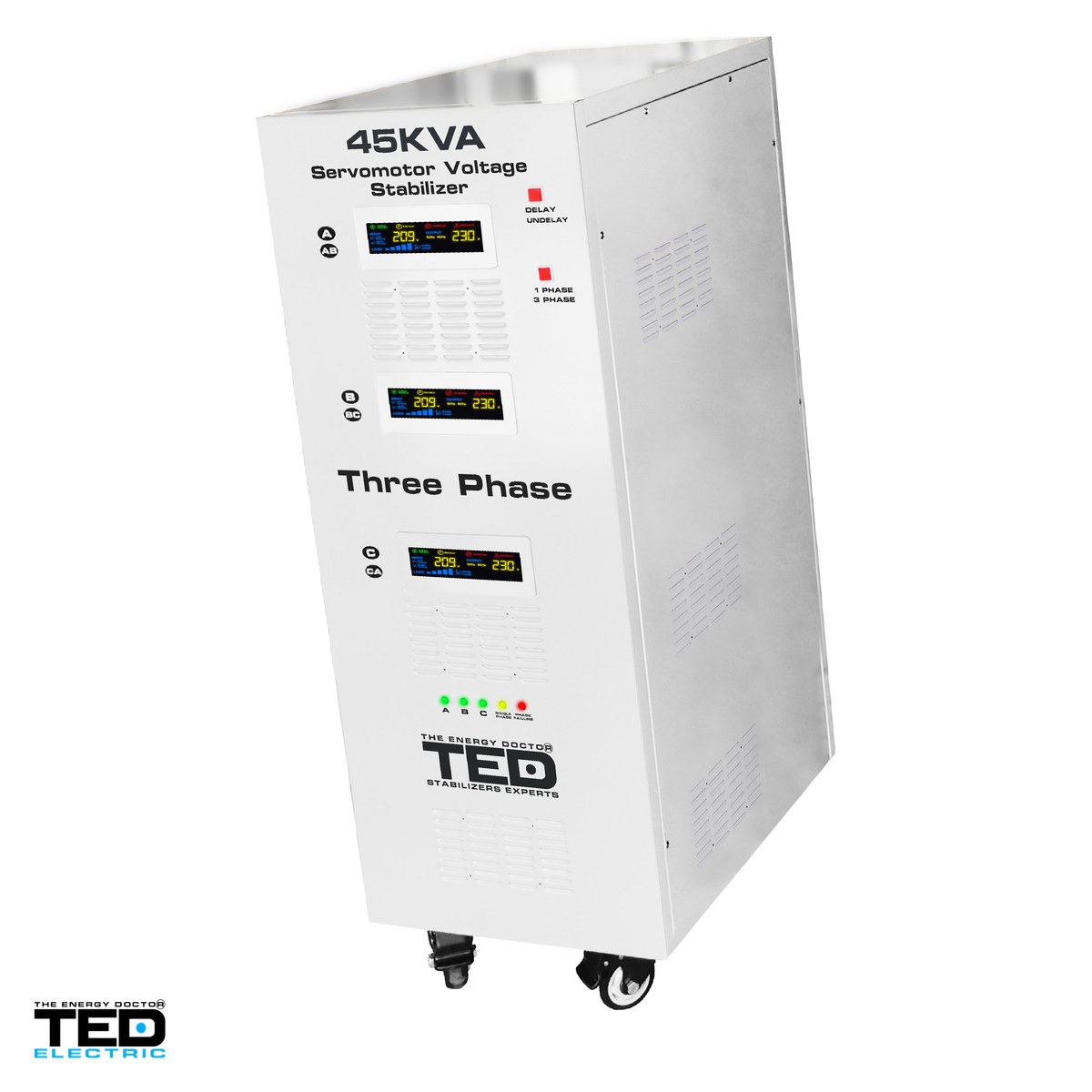 Stabilizatoare de tensiune - Stabilizator tensiune trifazat cu servomotor TED Electric TED45K3SVC (TED000170), 45 kVA / 36 kW, iesire 400 V, intrare 242-520 V, precizie 1-3%, bloc terminale, pe roti, 705 x 390 x 1095 mm