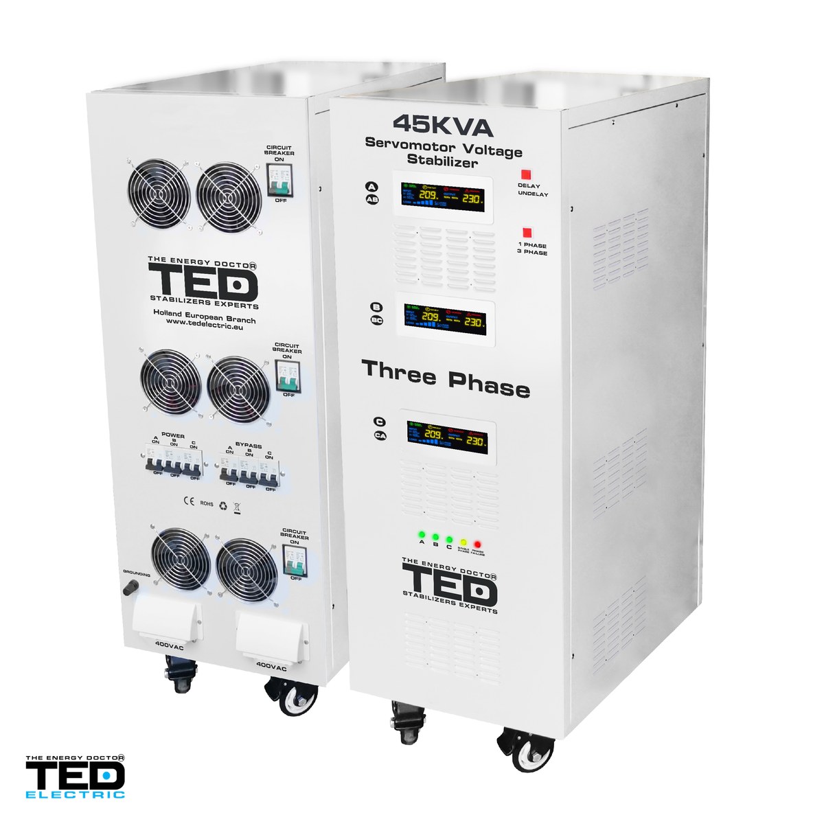 Stabilizator tensiune trifazat cu servomotor TED Electric TED45K3SVC (TED000170), 45 kVA / 36 kW, iesire 400 V, intrare 242-520 V, precizie 1-3%, bloc terminale, pe roti, 705 x 390 x 1095 mm [3]