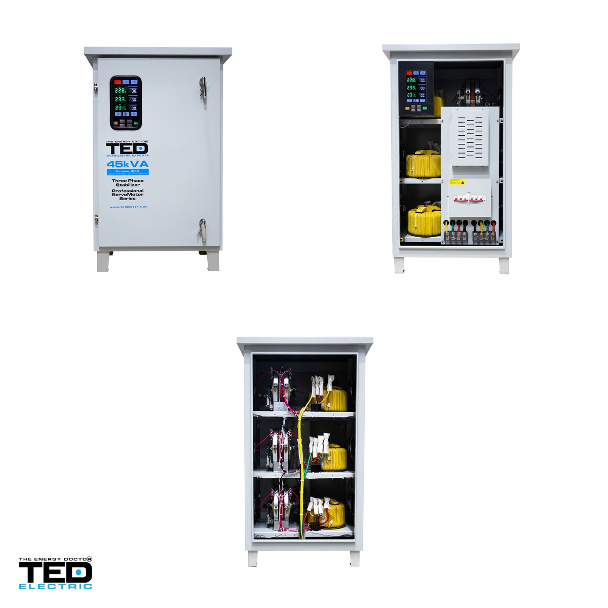Stabilizator tensiune trifazat cu servomotor TED Electric TNS-45kVA (TED007483), 45 kVA / 36 kW, intrare 242-520 V, precizie +/-3%, bloc terminale, carcasa IP65 de exterior, pe roti [3]