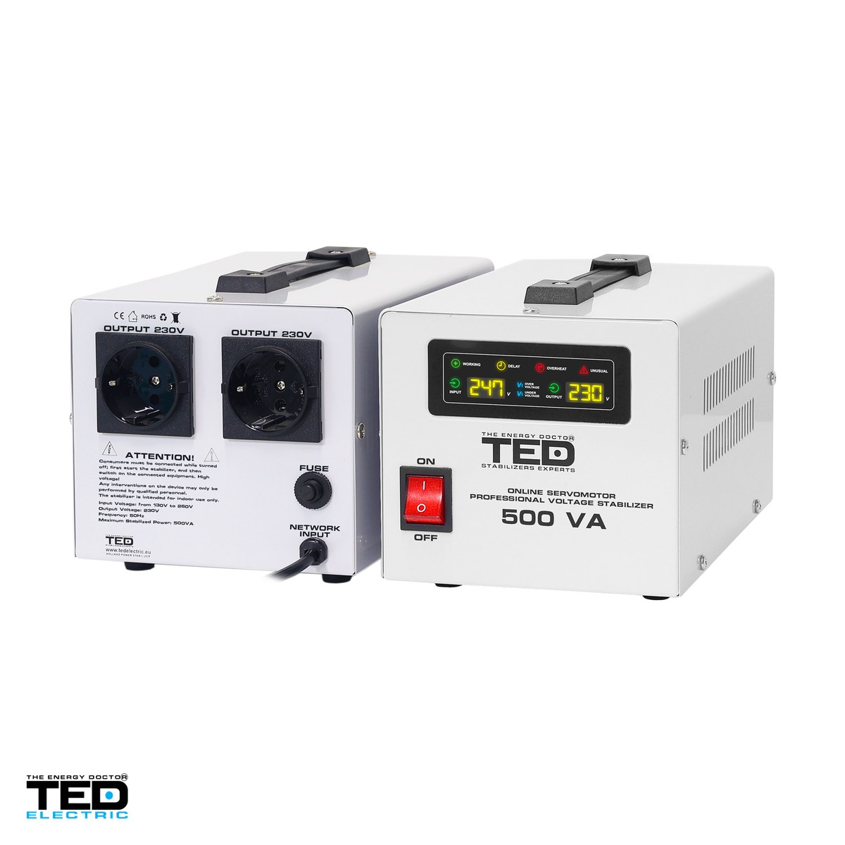 Stabilizator tensiune monofazat cu servomotor TED Electric TED 500SVC (TED004680), 500 VA / 300 W, iesire 230 V, intrare 130-260 V, precizie +/-3%, 2 prize Schuko, afisaj LCD, 228 x 147 x 130 mm [3]