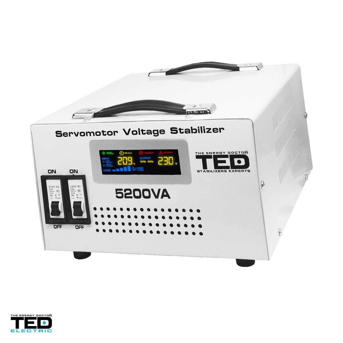 Stabilizatoare de tensiune - Stabilizator tensiune monofazat cu servomotor TED Electric TED 5.2KSVC (TED000200), 5200 VA / 3000 W, intrare 130-260 V, precizie +/-2%, 2 prize Schuko + bloc terminale, 302 x 260 x 146 mm