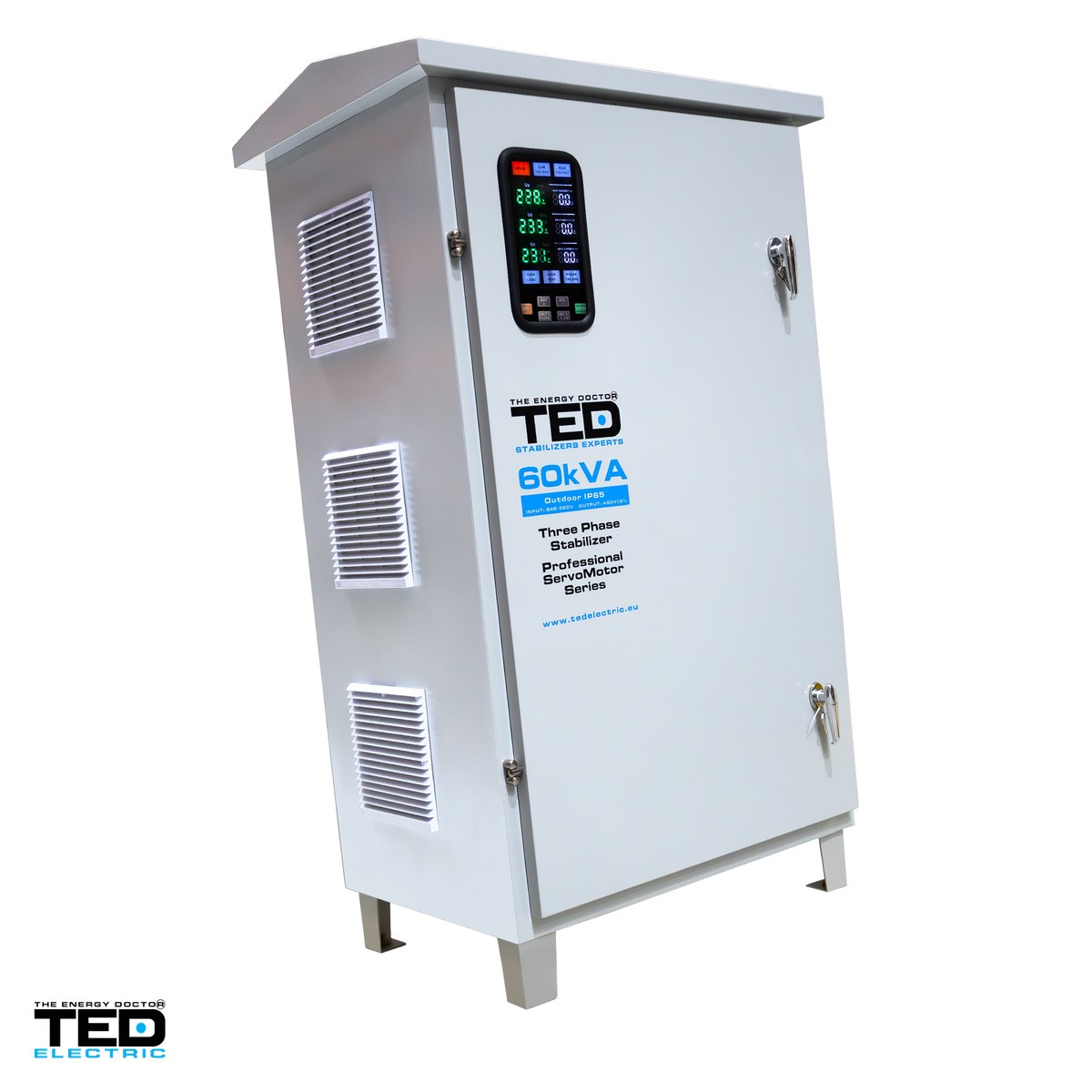 Stabilizatoare de tensiune - Stabilizator tensiune trifazat cu servomotor TED Electric TNS-60kVA (TED007490), 60 kVA / 48 kW, intrare 242-520 V, precizie +/-3%, bloc terminale, carcasa IP65 de exterior, pe roti